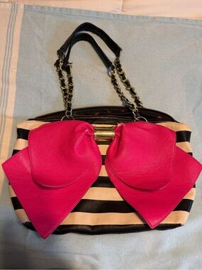 Betsey Johnson Pink Bow Accent Striped Shoulder Bag